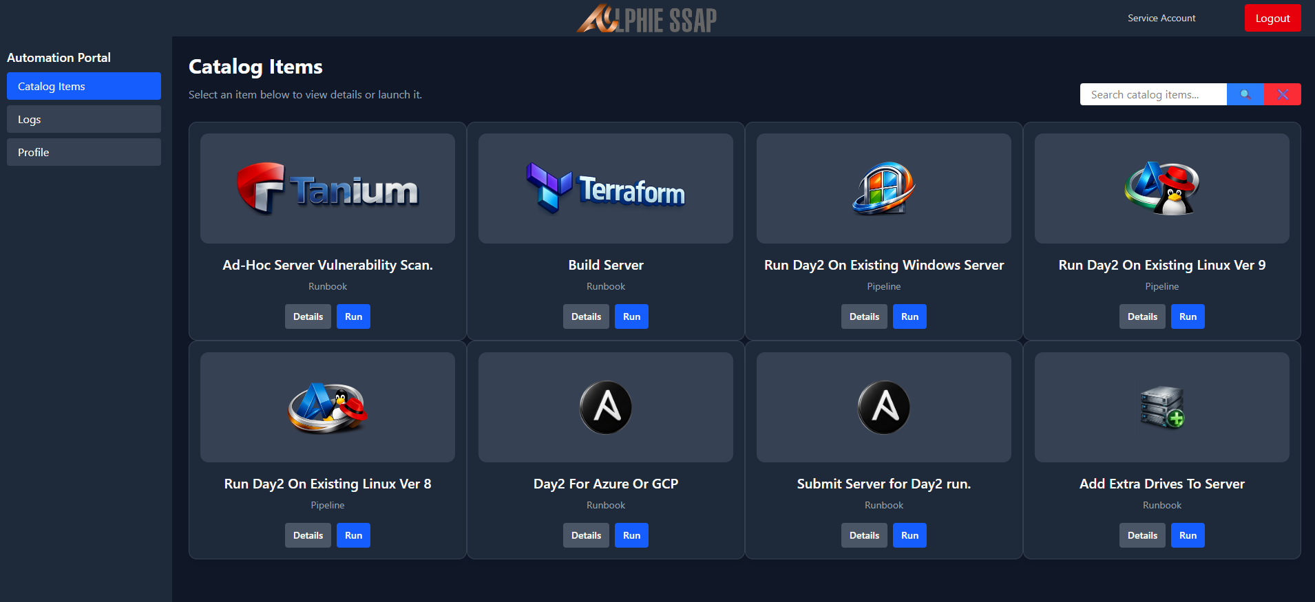 Alphie SSAP self-service catalog dashboard screenshot